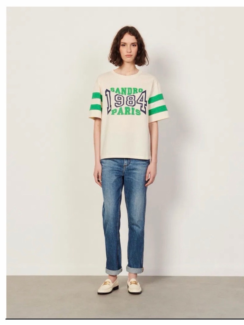 Sandro Cream Short Sleeve Tee with Green & Blue 1984 Graphic - Picture 3 of 15